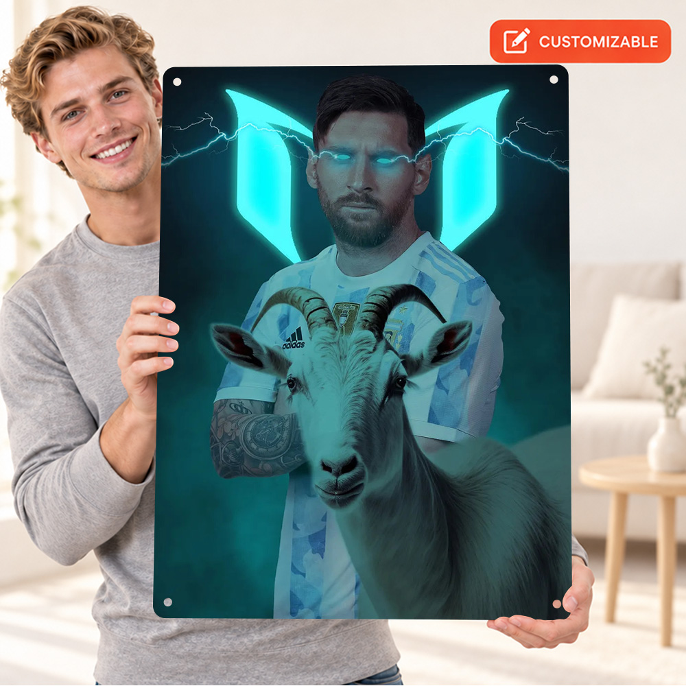 Home Gym Neon Sign - Lionel Messi mit GOAT-Schatten-Fußball-Print, personalisiertes Metallschild,